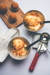 Bundi / Motichoor Ice cream is a fusion of Ice-cream with indian traditional sweet motichur laddoo from India, selective focus