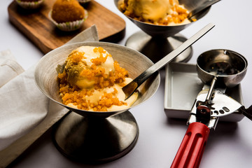 Bundi / Motichoor Ice cream is a fusion of Ice-cream with indian traditional sweet motichur laddoo from India, selective focus