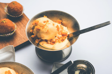 Bundi / Motichoor Ice cream is a fusion of Ice-cream with indian traditional sweet motichur laddoo from India, selective focus
