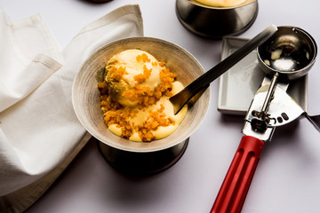 Bundi / Motichoor Ice cream is a fusion of Ice-cream with indian traditional sweet motichur laddoo from India, selective focus