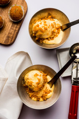 Bundi / Motichoor Ice cream is a fusion of Ice-cream with indian traditional sweet motichur laddoo from India, selective focus