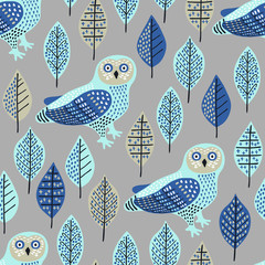 Owl seamless pattern. Surface decoration with owl and leaves.Vector illustration. Cloth design, wallpaper, wrapping.