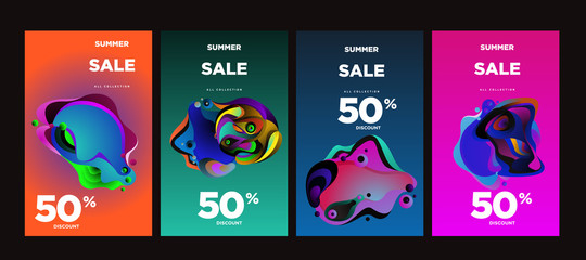Obraz na płótnie Canvas Vector summer sale 50% discount with fluid colorful background. Summer banner, website, poster, and sales promotion background set