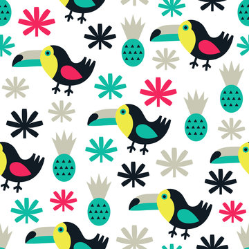 Toucan seamless pattern with pineapple. Vector illustration.