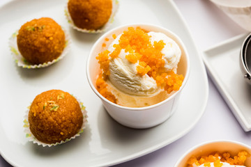 Bundi / Motichoor Ice cream is a fusion of Ice-cream with indian traditional sweet motichur laddoo from India, selective focus