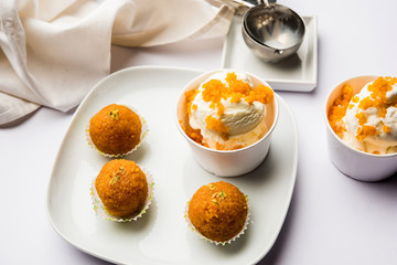 Bundi / Motichoor Ice cream is a fusion of Ice-cream with indian traditional sweet motichur laddoo from India, selective focus