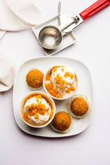 Bundi / Motichoor Ice cream is a fusion of Ice-cream with indian traditional sweet motichur laddoo from India, selective focus