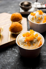 Bundi / Motichoor Ice cream is a fusion of Ice-cream with indian traditional sweet motichur laddoo from India, selective focus