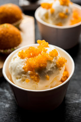 Bundi / Motichoor Ice cream is a fusion of Ice-cream with indian traditional sweet motichur laddoo from India, selective focus
