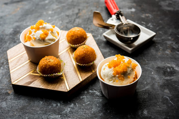 Bundi / Motichoor Ice cream is a fusion of Ice-cream with indian traditional sweet motichur laddoo from India, selective focus
