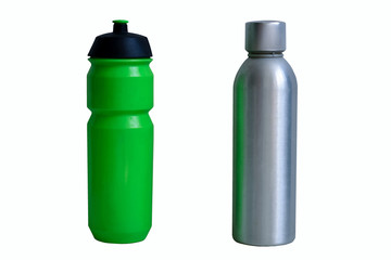 Plastic and aluminum bottle, as his zero waste alternative, for drink and water, to phase-out plastic, causing pollution of environmental impacts. Isolated
