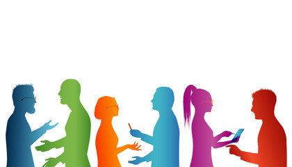 Strategy solution and success. Cooperation between groups of people. Concept teamwork. Speech among people. Young people who work well together. Association of people. Silhouette of colored profile