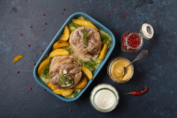 Boiled knuckle, served with cabbage and baked potatoes. Top view. Darkblue background. Dark mod.