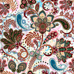 Colorful seamless pattern. Floral background. Flowers wallpaper. Stylized flowers, plants on the ornate background. Drawn decorative flowers pattern. Pastel colors