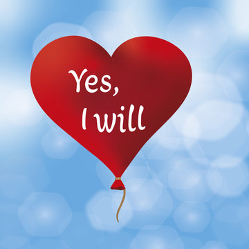 Schwebender roter Herzluftballon mit Text "Yes, I will"