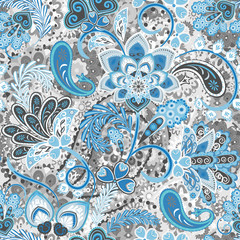 Colorful seamless pattern. Flowers wallpaper. Stylized flowers, plants on the ornate background. Drawn decorative flowers pattern. Design for home decor, fabric, carpet, wrapping. Blue