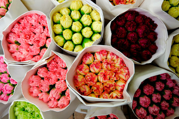 Bouquets of flowers at the Flower market on top view