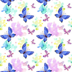 Obraz na płótnie Canvas Childhood seamless pattern with cute butterflies. Hand painted watercolor illustrations isolated on a white background.