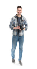 Handsome male photographer on white background