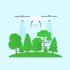 Agricultural drone monitors forest crop growth and forest safety. Drone fly over the forest. Vector concept flat illustration.