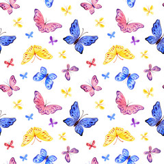 Childhood seamless pattern with cute butterflies. Hand painted watercolor illustrations isolated on a white background.