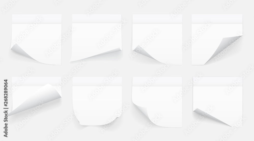 Poster set of white sheets of note paper isolated on transparent background. sticky notes. vector illustrat