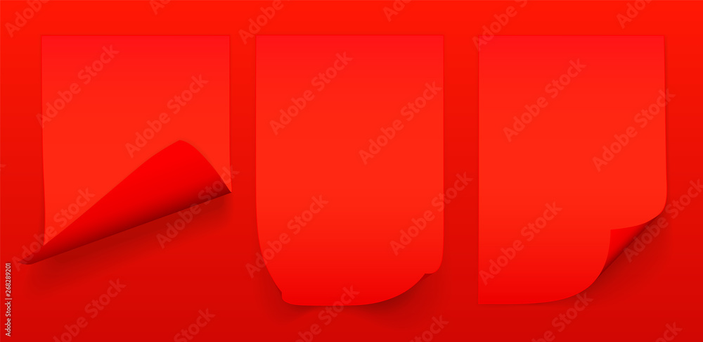 Poster blank a4 sheet of red paper with curled corner and shadow, template for your design. set. vector ill