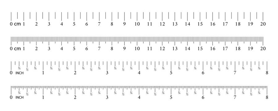 Inch and metric rulers. Measuring tool. Ruler Graduation grid. Size indicator units. Centimeters and inches measuring scale. Vector illustration