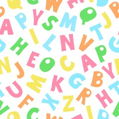 Vector cute English hand drawn alphabet, simple kids drawing style. Seamless pattern with colorful letters. Funny background for card, children print, wrapping, lettering, poster, scrapbook, cover.