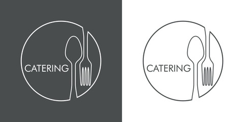 Logotipo con texto CATERING con cubiertos en círculo lineal en gris y blanco