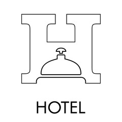 Logotipo abstraco con texto HOTEL con H con campana lineal en color negro