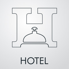 Logotipo abstraco con texto HOTEL con H con campana lineal en fondo gris