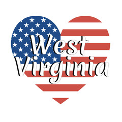 Heart shaped national flag of The United States of America with inscription of state name: West Virginia in modern style. Vector EPS10 illustration.