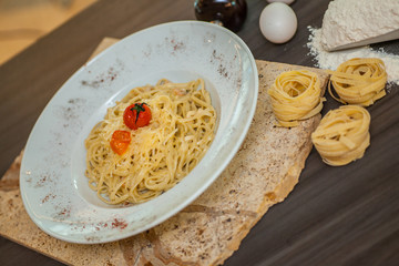Pasta with meat,mince,cheese, tomato sauce and vegetables