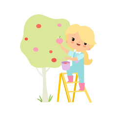 Cute Young Girl in Overalls and Rubber Boots Picking Apples in Garden, Farmer Girl Cartoon Character Harvesting Vector Illustration