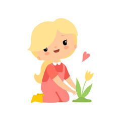 Cute Young Girl in Overalls and Rubber Boots Planting Flowers, Farmer Girl Cartoon Character Working in Garden Vector Illustration