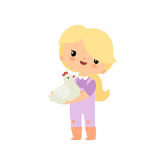 Cute Young Girl in Overalls and Rubber Boots Holding Chicken or Hen, Farmer Girl Cartoon Character Vector Illustration