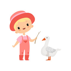 Cute Boy in Overalls, Rubber Boots and Hat Grazing Goose, Young Farmer Cartoon Character Engaged in Agricultural Activities Vector Illustration