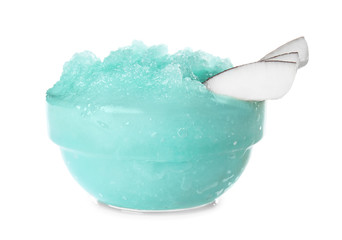 Bowl with body scrub on white background