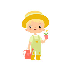 Cute Boy in Overalls, Rubber Boots and Hat with Watering Can and Flower Pot, Young Farmer Cartoon Character Engaged in Agricultural Activities Vector Illustration