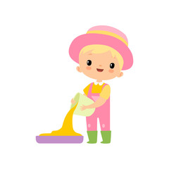 Cute Boy in Overalls, Rubber Boots and Hat Pouring Grain, Young Farmer Cartoon Character Engaged in Agricultural Activities Vector Illustratio