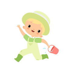 Cute Boy in Overalls, Rubber Boots and Hat Running with Bucket Full of Water, Young Farmer Cartoon Character Engaged in Agricultural Activities Vector Illustration