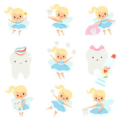 Cute Little Tooth Fairy and Healthy Baby Teeth Set, Lovely Blonde Fairy Girl Cartoon Character in Light Blue Dress with Wings Vector Illustration