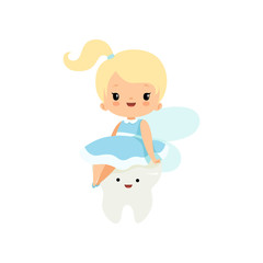 Cute Little Tooth Fairy Sitting on Baby Tooth, Lovely Blonde Fairy Girl Cartoon Character in Light Blue Dress with Wings Vector Illustration