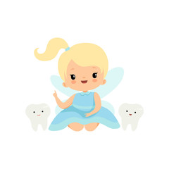 Cute Little Tooth Fairy with Baby Teeth, Lovely Blonde Fairy Girl Cartoon Character in Light Blue Dress with Wings Pointing Finger Up Vector Illustration