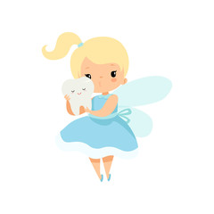 Little Tooth Fairy Holding Cute Baby Tooth, Lovely Blonde Fairy Girl Cartoon Character in Light Blue Dress with Wings Vector Illustration