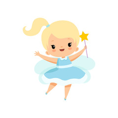 Cute Little Tooth Fairy with Magic Wand, Lovely Blonde Fairy Girl Cartoon Character in Light Blue Dress with Wings Vector Illustration