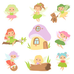 Cute Little Forest Fairies Set, Lovely Fairies Girls Cartoon Characters and Fairytale Fantasy House Vector Illustration