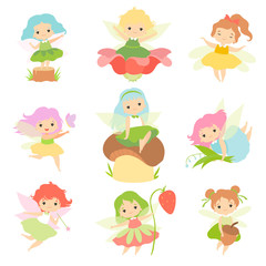Obraz na płótnie Canvas Cute Little Forest Fairies Set, Lovely Fairies Girls Cartoon Characters with Colored Hair and Wings Vector Illustration