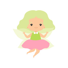 Cute Little Forest Fairy, Lovely Fairy Girl Cartoon Character with Green Hair and Wings Vector Illustration